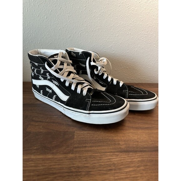 Men’s Vans 9.5 , Sk8 Hi Top Logo Suede Black True White Vans Off The Wall Shoes - Picture 1 of 10